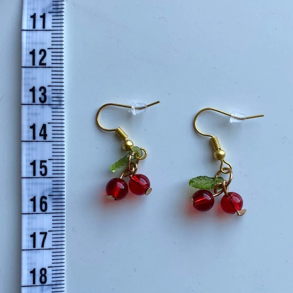 Cherry Earrings GOLD STAINLESS STEEL Cute Kawaii Fruit Jewelry - Picture 2 of 7